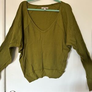 Olive Green Free People Waffle Knit V-Neck Pull Over